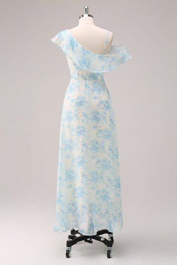 Stilfuld A-linje hvid blå blomst chiffon brudepige kjole med slids